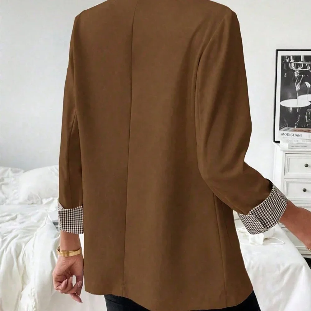 Coffee Brown Elegant Women's French Plaid Blazer